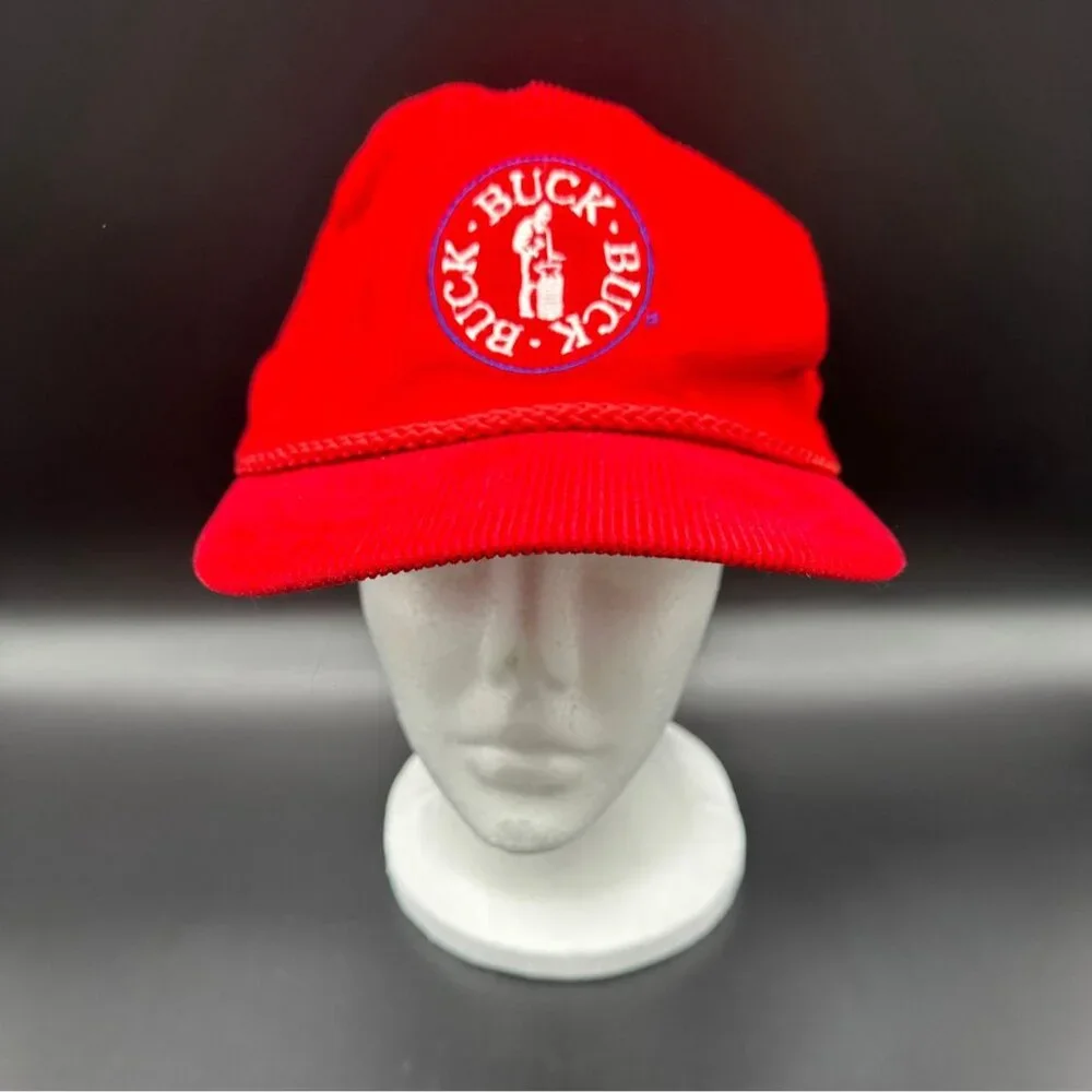 Vintage Buck Knives Hat Red Corduroy Adjustable Trucker Cap Made In Korea Retro - Picture 2 of 10